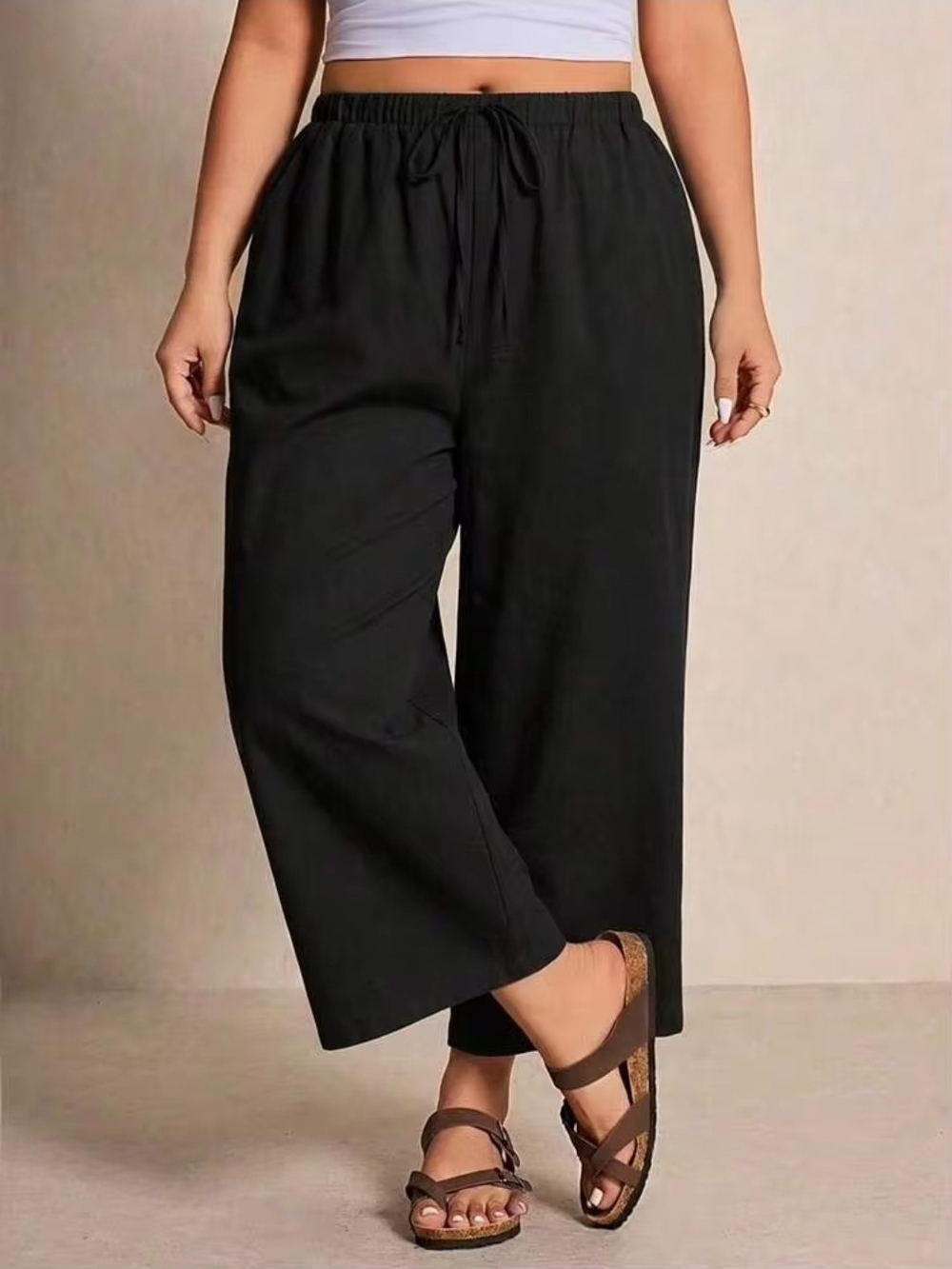 Womens Wide Leg Drawstring Pants - Black